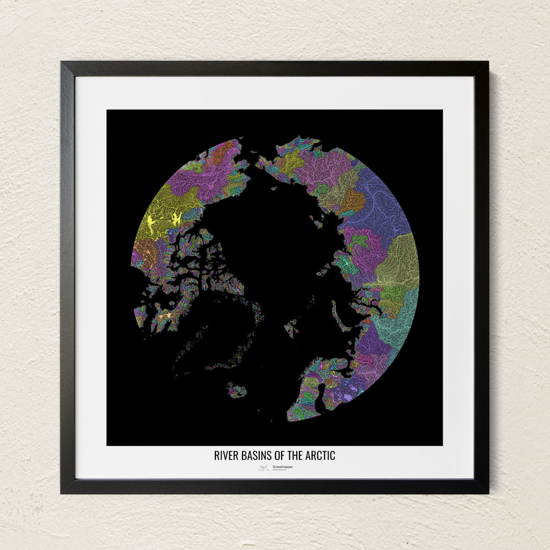 A colorful Grasshopper Geography river map on a light wall. The premium fine art poster is in a black frame with a white border. The name of the country, continent or region is printed under the image.