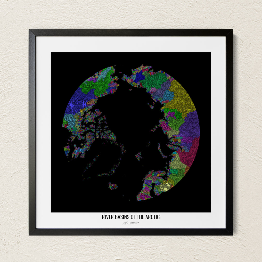 A colorful Grasshopper Geography river map on a light wall. The premium fine art poster is in a black frame with a white border. The name of the country, continent or region is printed under the image.