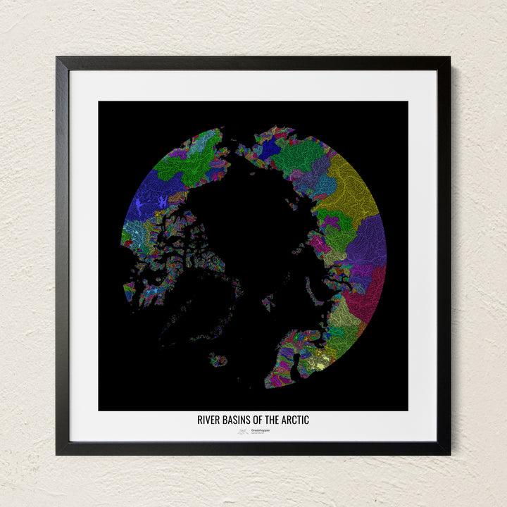 A colorful Grasshopper Geography river map on a light wall. The premium fine art poster is in a black frame with a white border. The name of the country, continent or region is printed under the image.