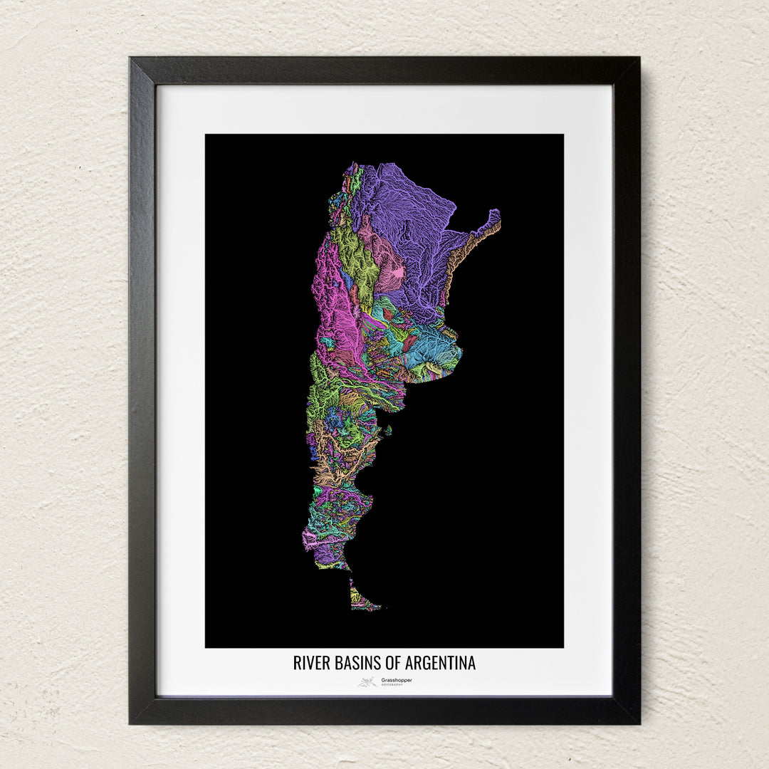 A colorful Grasshopper Geography river map on a light wall. The premium fine art poster is in a black frame with a white border. The name of the country, continent or region is printed under the image.