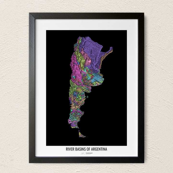 A colorful Grasshopper Geography river map on a light wall. The premium fine art poster is in a black frame with a white border. The name of the country, continent or region is printed under the image.