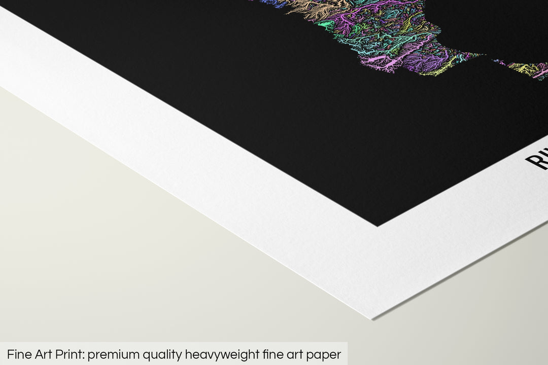 Closeup of a fine art print's corner lying on a flat surface, the details of a Grasshopper Geography map is visible. The text at the bottom reads: Fine art print - premium quality heavyweight fine art paper.