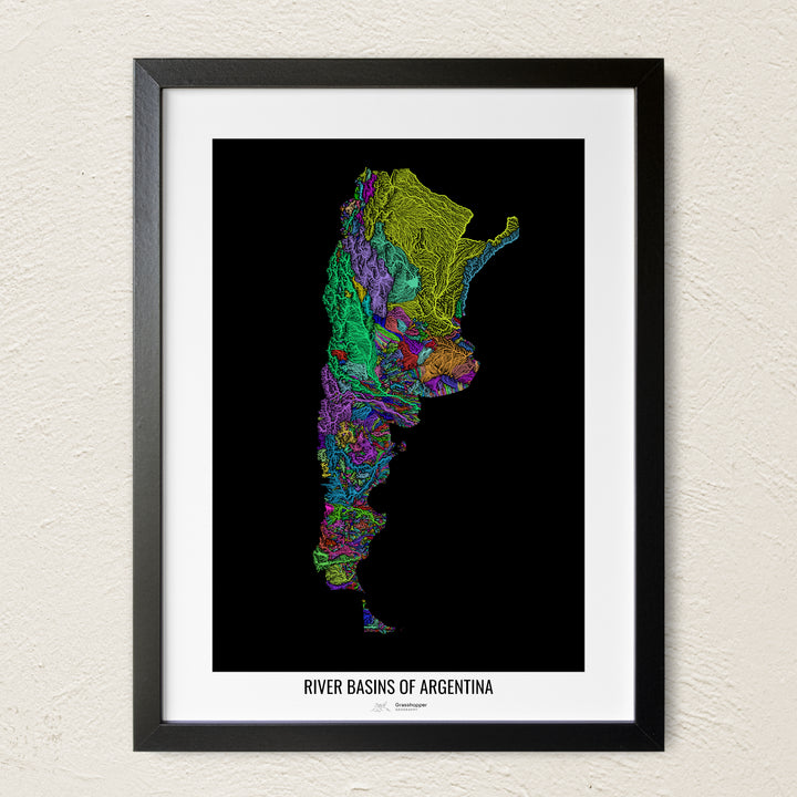 A colorful Grasshopper Geography river map on a light wall. The premium fine art poster is in a black frame with a white border. The name of the country, continent or region is printed under the image.