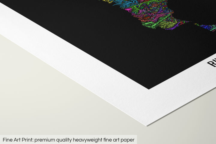 Closeup of a fine art print's corner lying on a flat surface, the details of a Grasshopper Geography map is visible. The text at the bottom reads: Fine art print - premium quality heavyweight fine art paper.