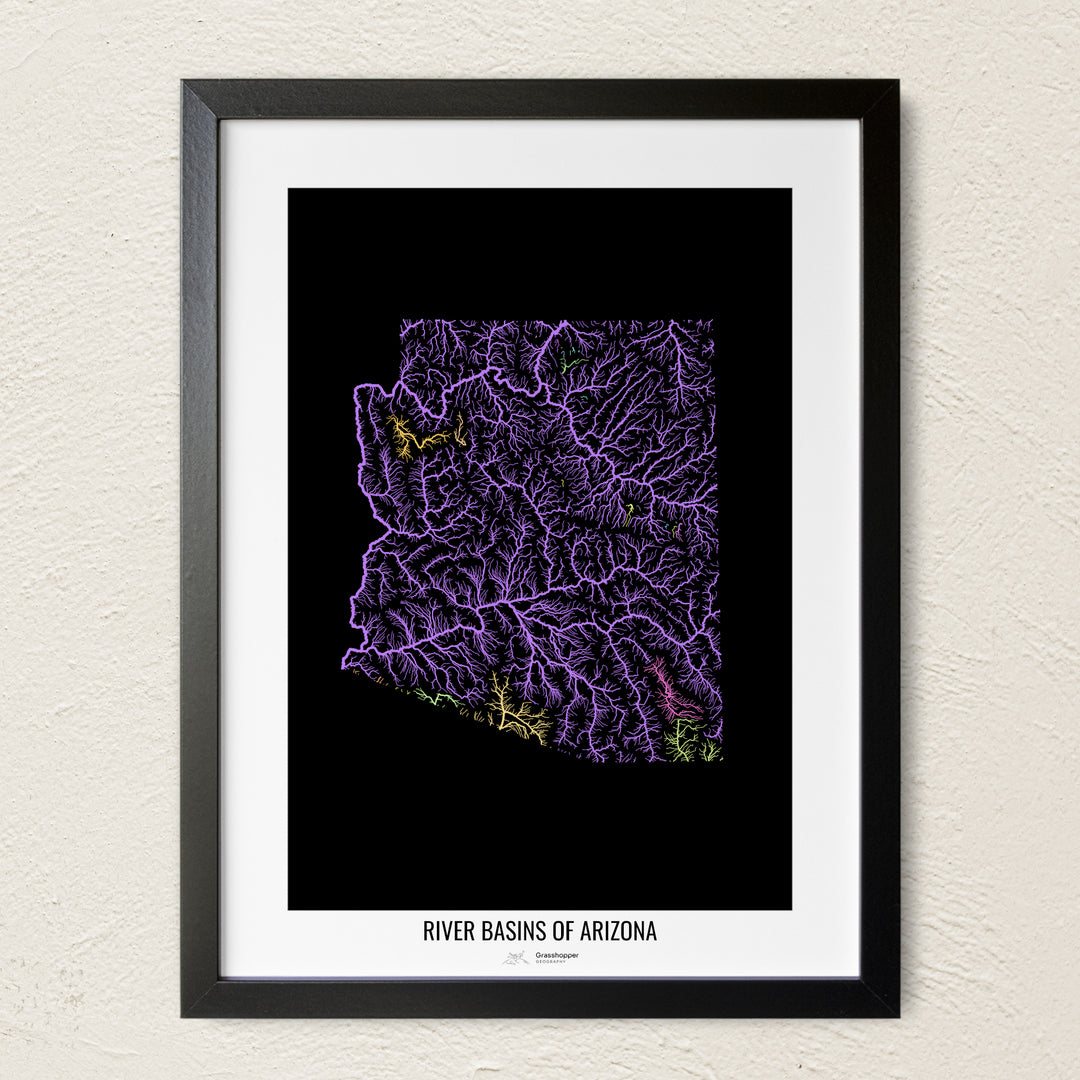 A colorful Grasshopper Geography river map on a light wall. The premium fine art poster is in a black frame with a white border. The name of the country, continent or region is printed under the image.