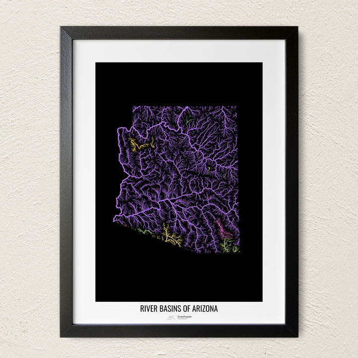 A colorful Grasshopper Geography river map on a light wall. The premium fine art poster is in a black frame with a white border. The name of the country, continent or region is printed under the image.