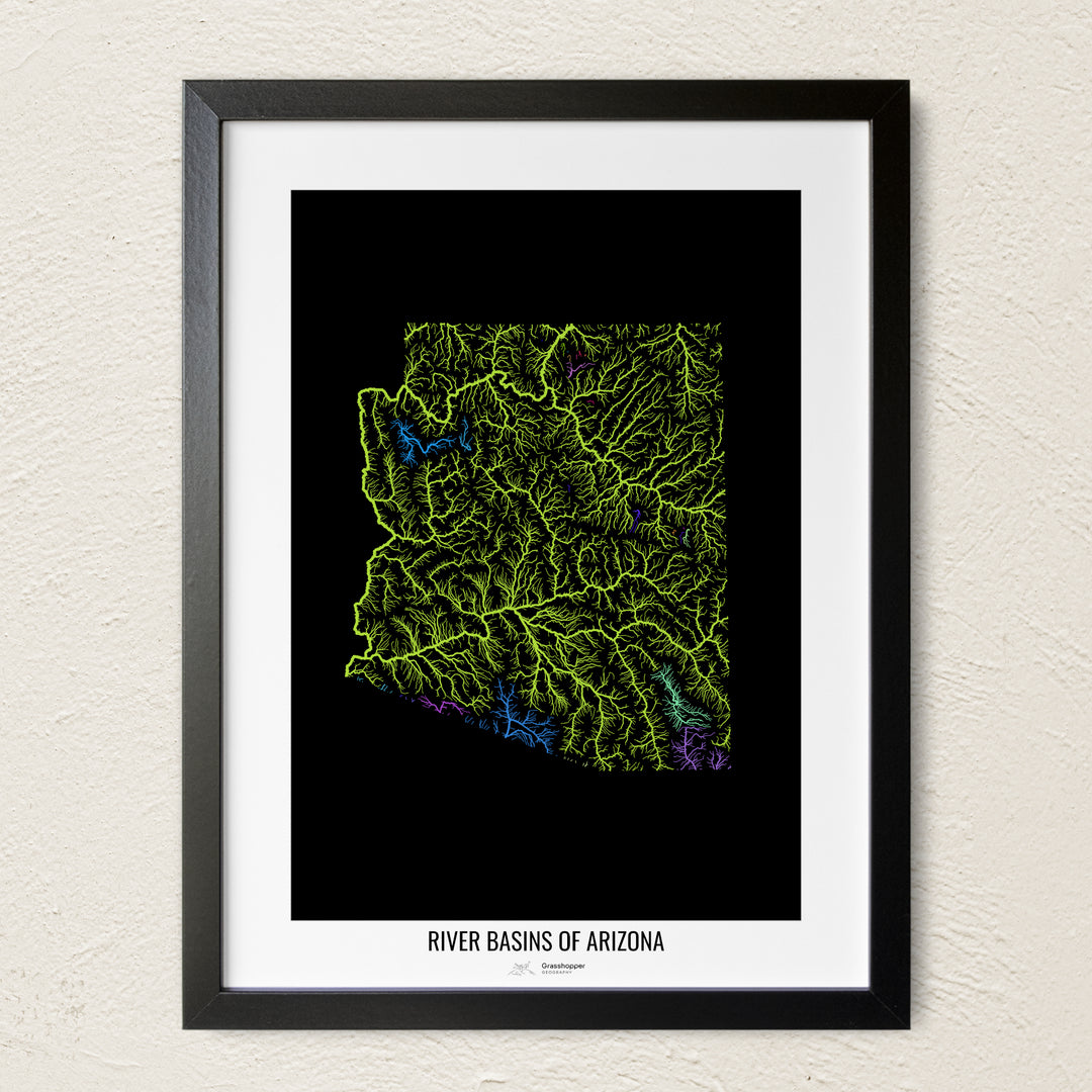 A colorful Grasshopper Geography river map on a light wall. The premium fine art poster is in a black frame with a white border. The name of the country, continent or region is printed under the image.