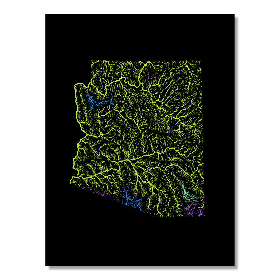 Arizona - River basin map, rainbow colours - Wall Art by Grasshopper Geography. Image of a high-resolution map created by geographer Robert Szucs, available as wall art and for licensing.
