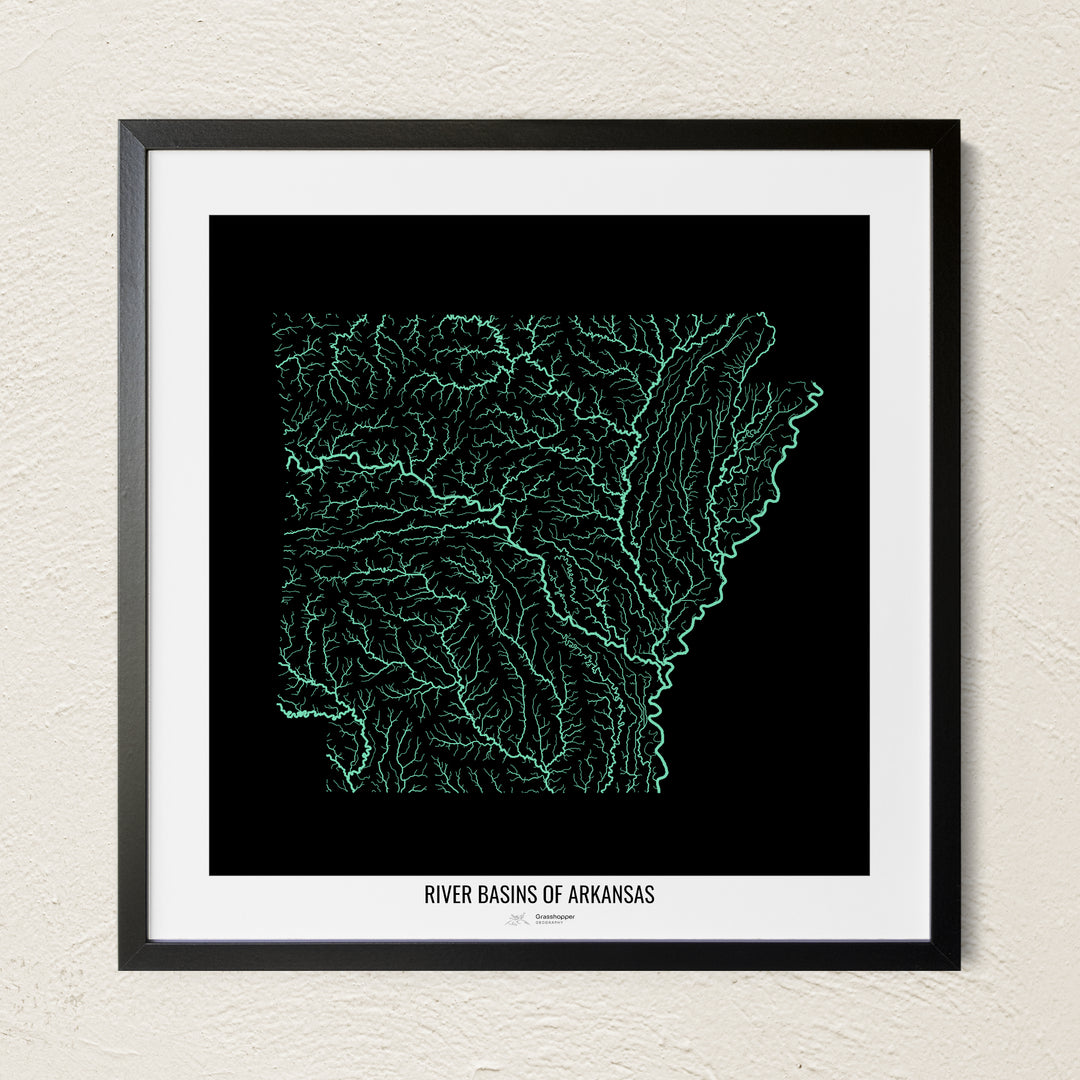 A colorful Grasshopper Geography river map on a light wall. The premium fine art poster is in a black frame with a white border. The name of the country, continent or region is printed under the image.