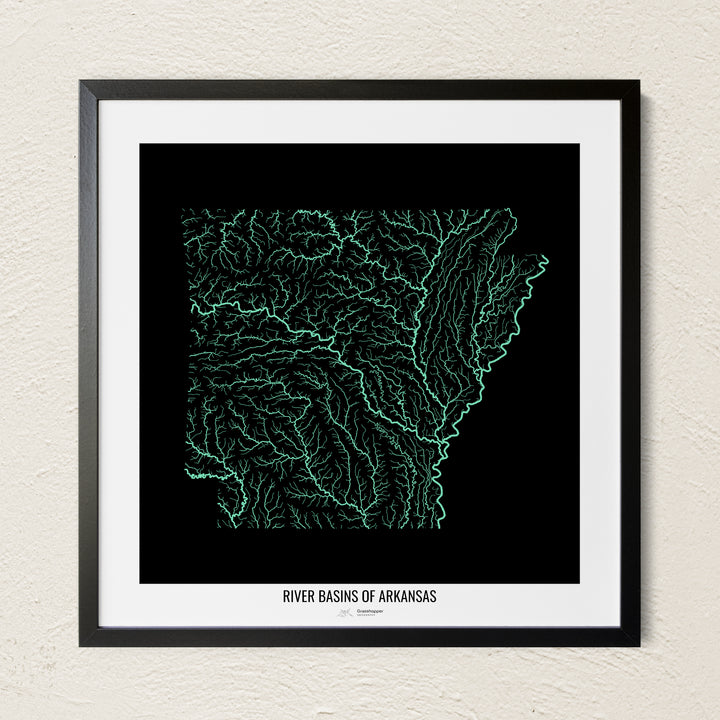 A colorful Grasshopper Geography river map on a light wall. The premium fine art poster is in a black frame with a white border. The name of the country, continent or region is printed under the image.