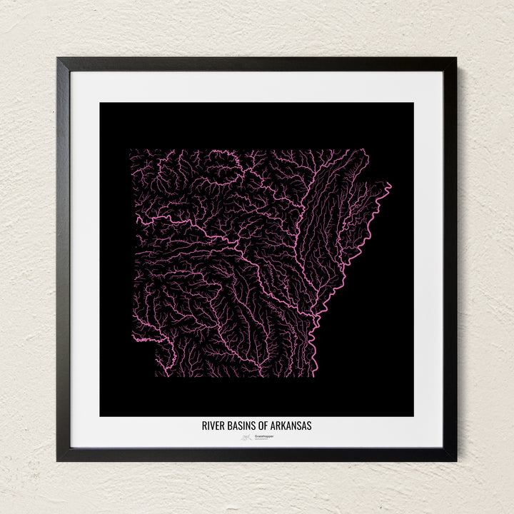 A colorful Grasshopper Geography river map on a light wall. The premium fine art poster is in a black frame with a white border. The name of the country, continent or region is printed under the image.