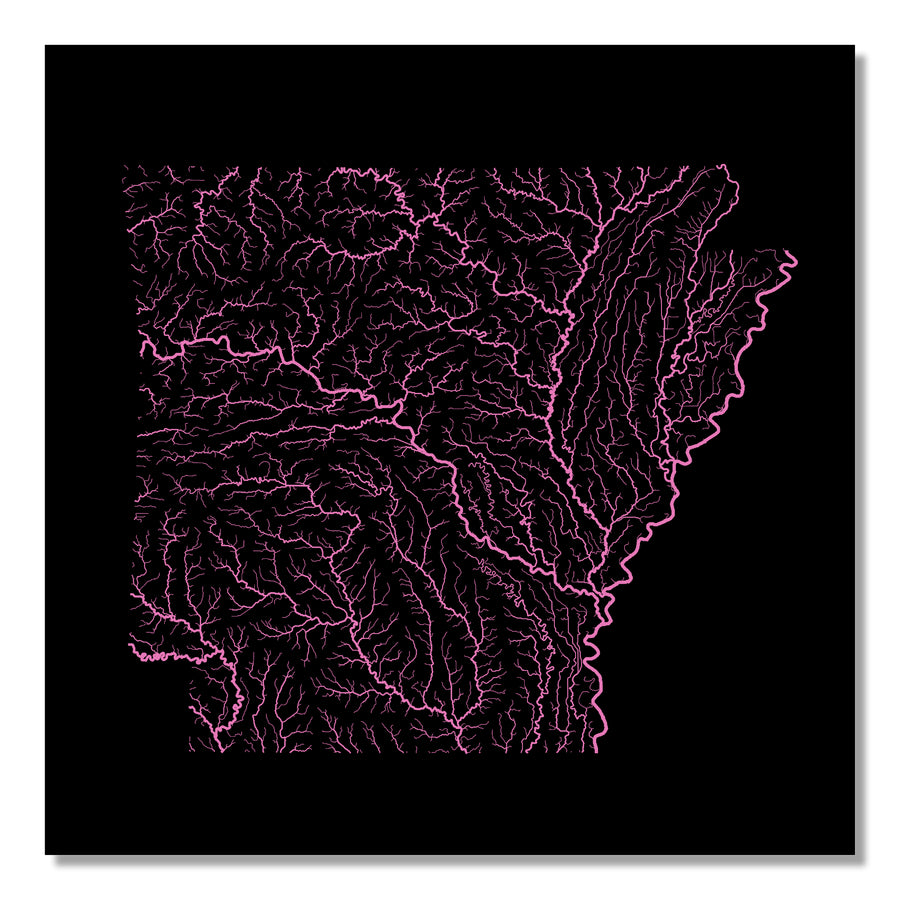 Arkansas - River basin map, rainbow colours - Wall Art by Grasshopper Geography. Image of a high-resolution map created by geographer Robert Szucs, available as wall art and for licensing.