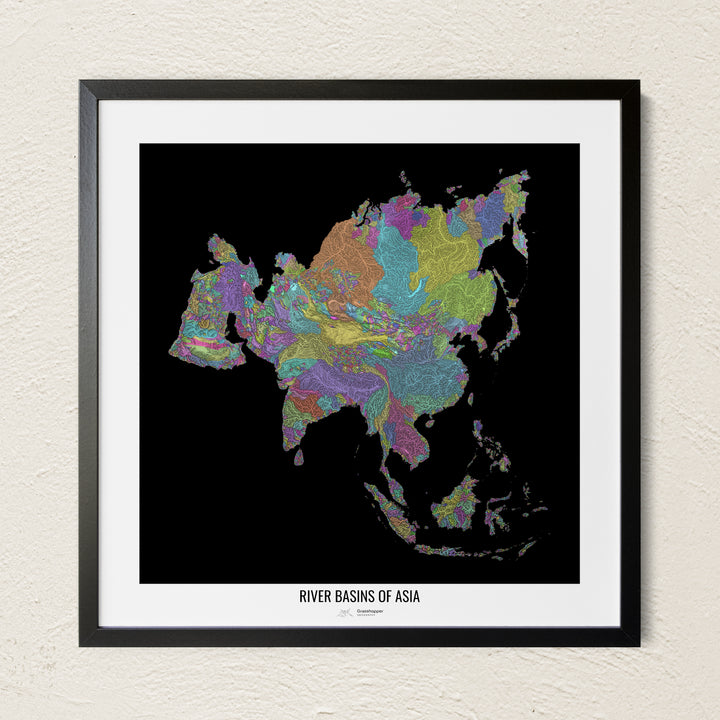 A colorful Grasshopper Geography river map on a light wall. The premium fine art poster is in a black frame with a white border. The name of the country, continent or region is printed under the image.