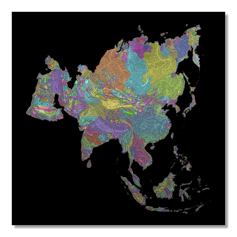 Asia - River basin map, pastel colours - Wall Art by Grasshopper Geography. Image of a high-resolution map created by geographer Robert Szucs, available as wall art and for licensing.