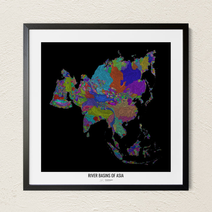 A colorful Grasshopper Geography river map on a light wall. The premium fine art poster is in a black frame with a white border. The name of the country, continent or region is printed under the image.