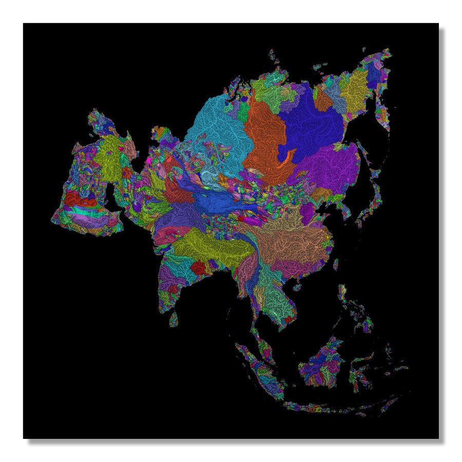 Asia - River basin map, rainbow colours - Wall Art by Grasshopper Geography. Image of a high-resolution map created by geographer Robert Szucs, available as wall art and for licensing.
