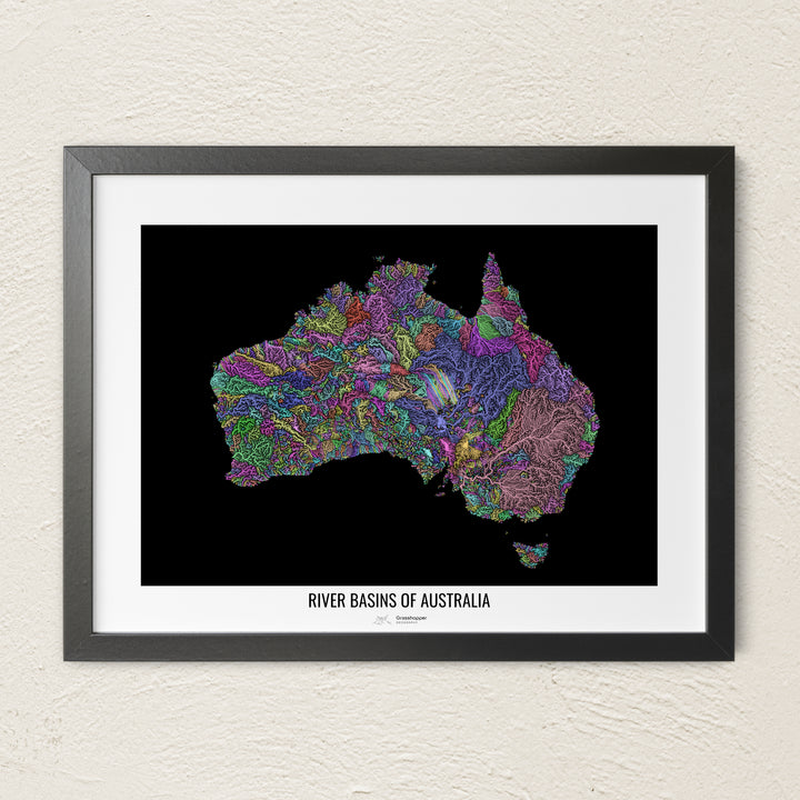 A colorful Grasshopper Geography river map on a light wall. The premium fine art poster is in a black frame with a white border. The name of the country, continent or region is printed under the image.