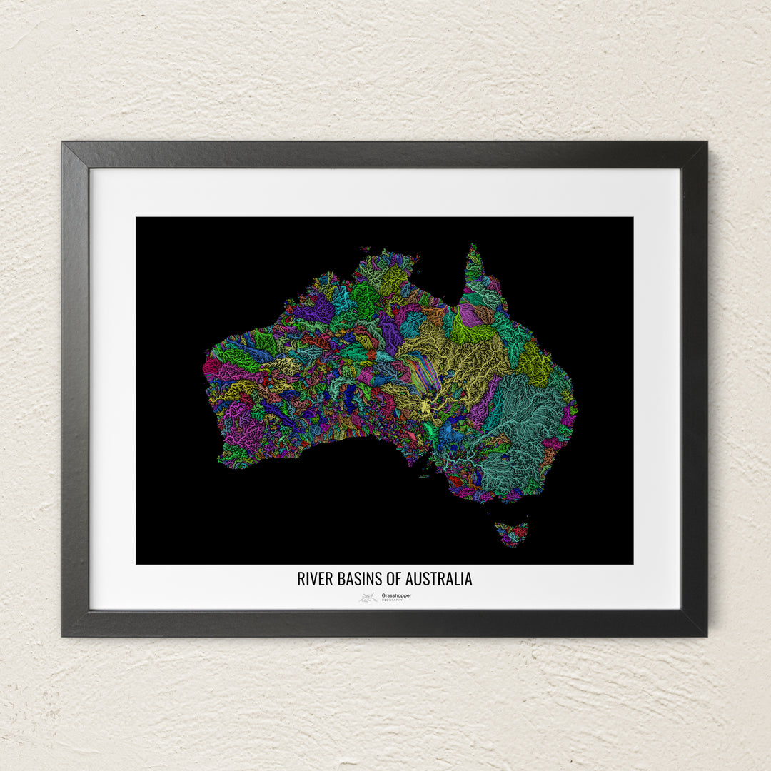 A colorful Grasshopper Geography river map on a light wall. The premium fine art poster is in a black frame with a white border. The name of the country, continent or region is printed under the image.