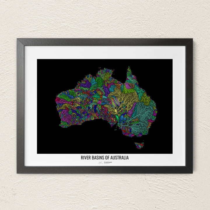 A colorful Grasshopper Geography river map on a light wall. The premium fine art poster is in a black frame with a white border. The name of the country, continent or region is printed under the image.