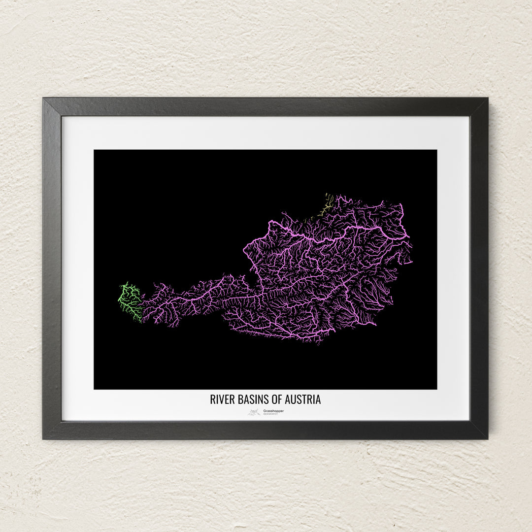 A colorful Grasshopper Geography river map on a light wall. The premium fine art poster is in a black frame with a white border. The name of the country, continent or region is printed under the image.