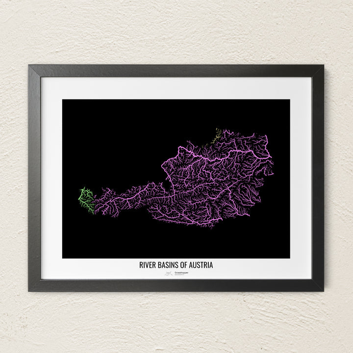 A colorful Grasshopper Geography river map on a light wall. The premium fine art poster is in a black frame with a white border. The name of the country, continent or region is printed under the image.