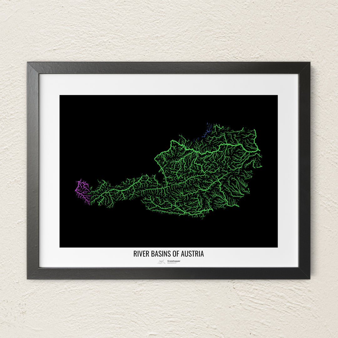 A colorful Grasshopper Geography river map on a light wall. The premium fine art poster is in a black frame with a white border. The name of the country, continent or region is printed under the image.