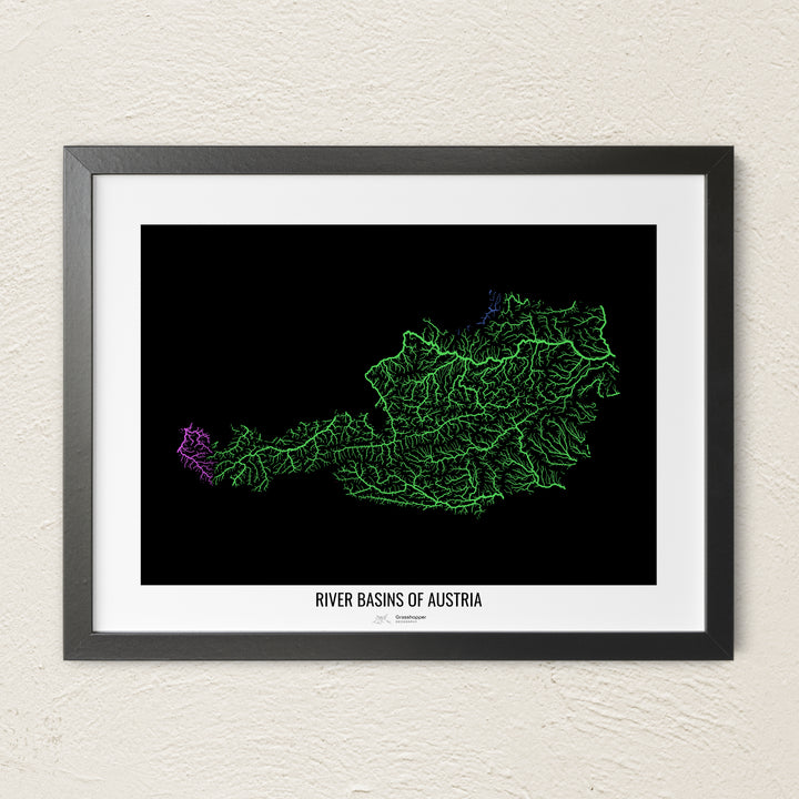 A colorful Grasshopper Geography river map on a light wall. The premium fine art poster is in a black frame with a white border. The name of the country, continent or region is printed under the image.