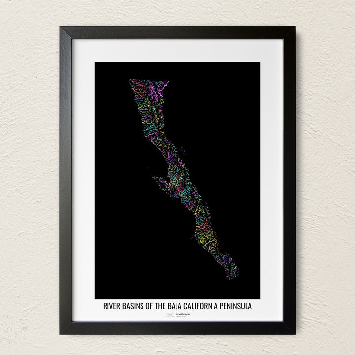 A colorful Grasshopper Geography river map on a light wall. The premium fine art poster is in a black frame with a white border. The name of the country, continent or region is printed under the image.