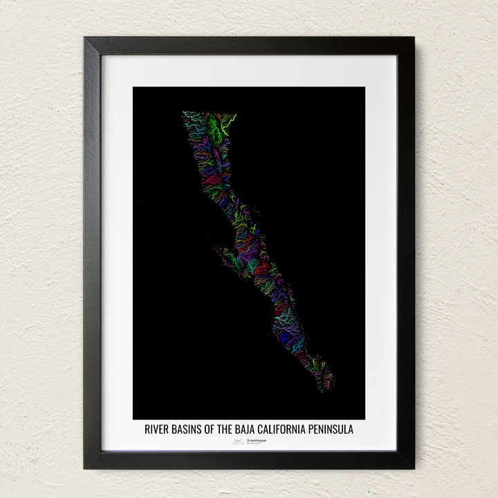 A colorful Grasshopper Geography river map on a light wall. The premium fine art poster is in a black frame with a white border. The name of the country, continent or region is printed under the image.