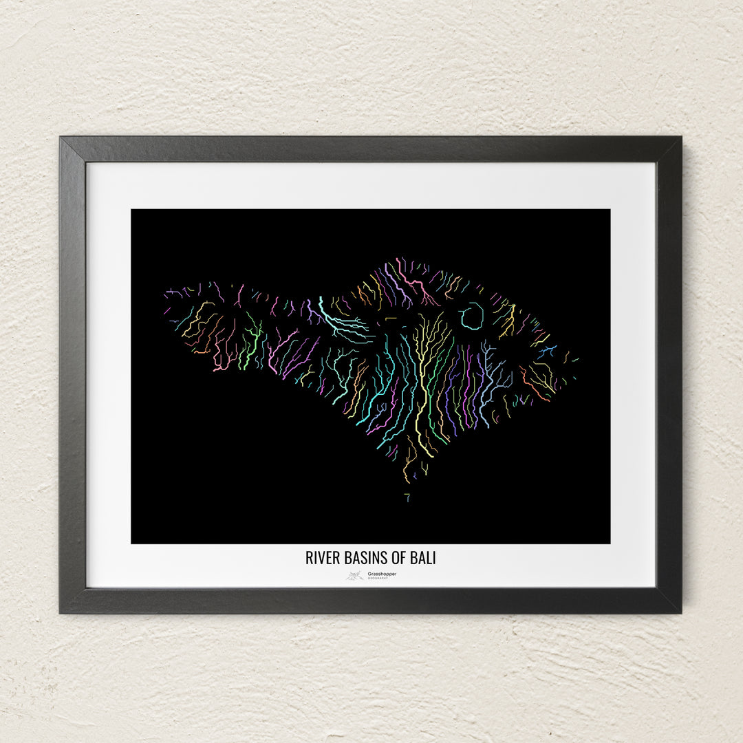 A colorful Grasshopper Geography river map on a light wall. The premium fine art poster is in a black frame with a white border. The name of the country, continent or region is printed under the image.