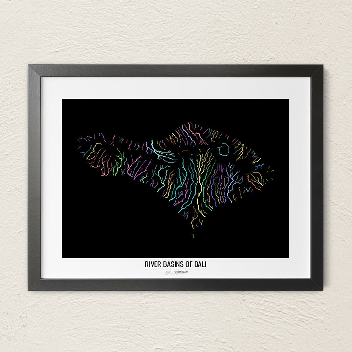 A colorful Grasshopper Geography river map on a light wall. The premium fine art poster is in a black frame with a white border. The name of the country, continent or region is printed under the image.