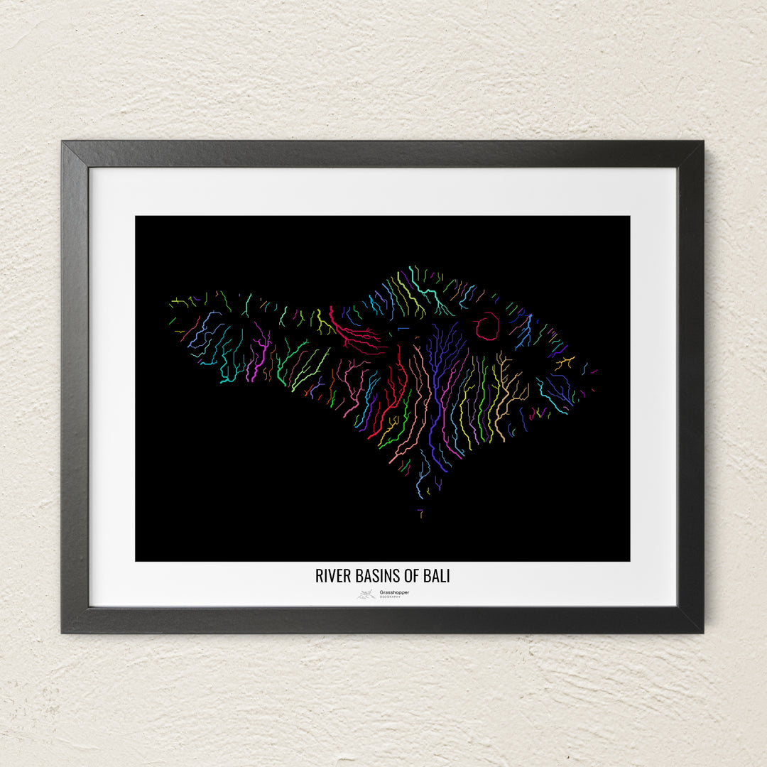 A colorful Grasshopper Geography river map on a light wall. The premium fine art poster is in a black frame with a white border. The name of the country, continent or region is printed under the image.