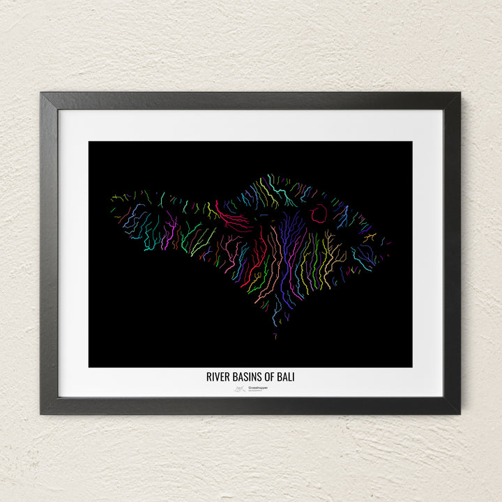 A colorful Grasshopper Geography river map on a light wall. The premium fine art poster is in a black frame with a white border. The name of the country, continent or region is printed under the image.
