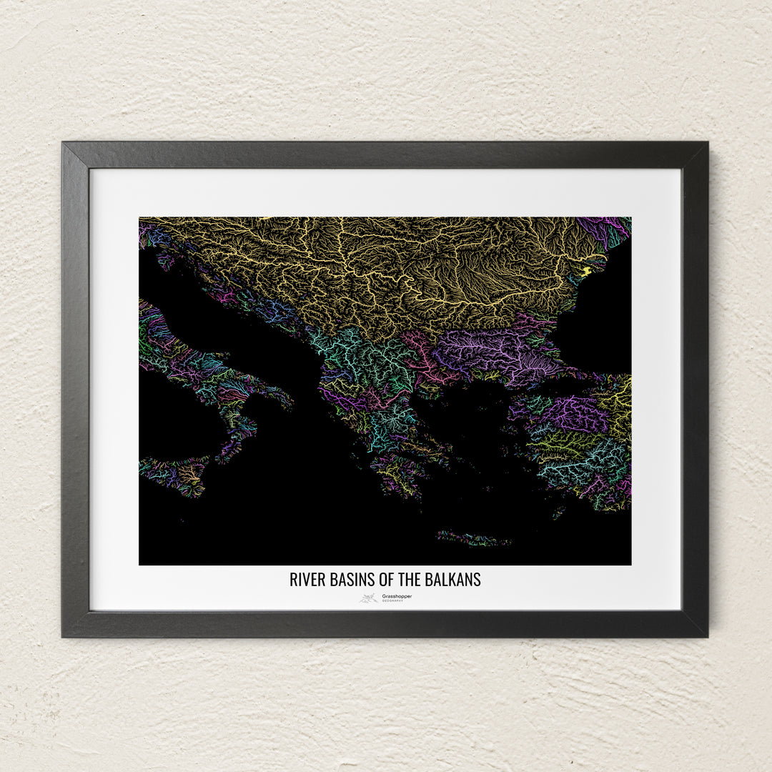 A colorful Grasshopper Geography river map on a light wall. The premium fine art poster is in a black frame with a white border. The name of the country, continent or region is printed under the image.