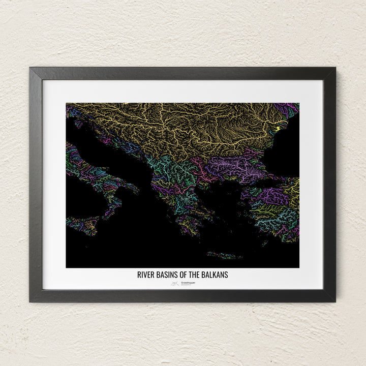 A colorful Grasshopper Geography river map on a light wall. The premium fine art poster is in a black frame with a white border. The name of the country, continent or region is printed under the image.