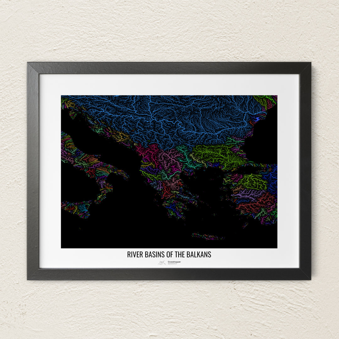 A colorful Grasshopper Geography river map on a light wall. The premium fine art poster is in a black frame with a white border. The name of the country, continent or region is printed under the image.