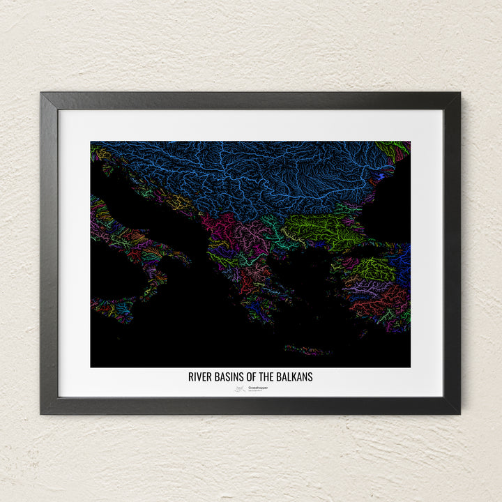 A colorful Grasshopper Geography river map on a light wall. The premium fine art poster is in a black frame with a white border. The name of the country, continent or region is printed under the image.