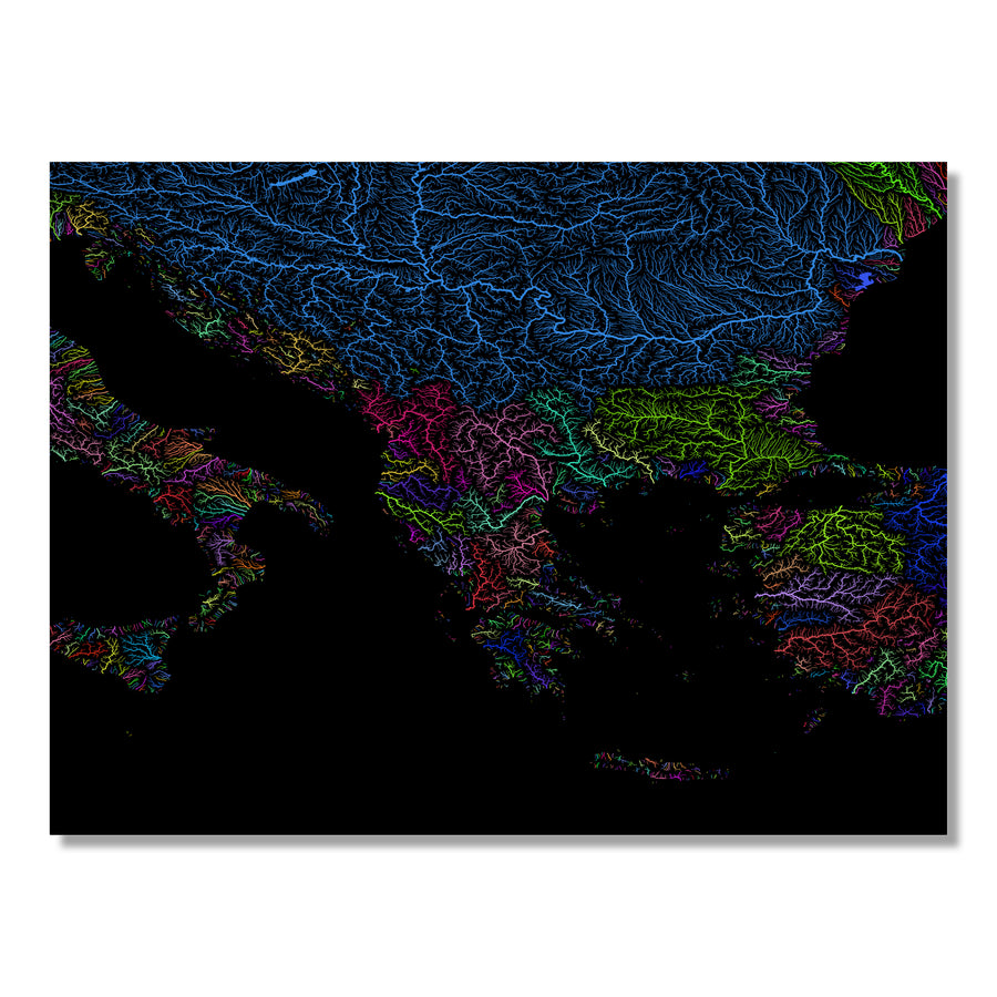 Balkans - River basin map, rainbow colours - Wall Art by Grasshopper Geography. Image of a high-resolution map created by geographer Robert Szucs, available as wall art and for licensing.
