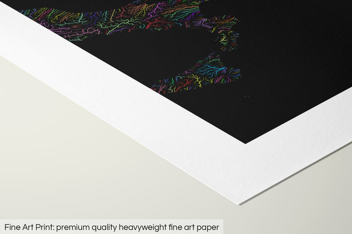Closeup of a fine art print's corner lying on a flat surface, the details of a Grasshopper Geography map is visible. The text at the bottom reads: Fine art print - premium quality heavyweight fine art paper.