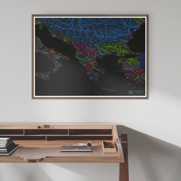 The Balkans - River basin map, rainbow on black - Fine Art Print