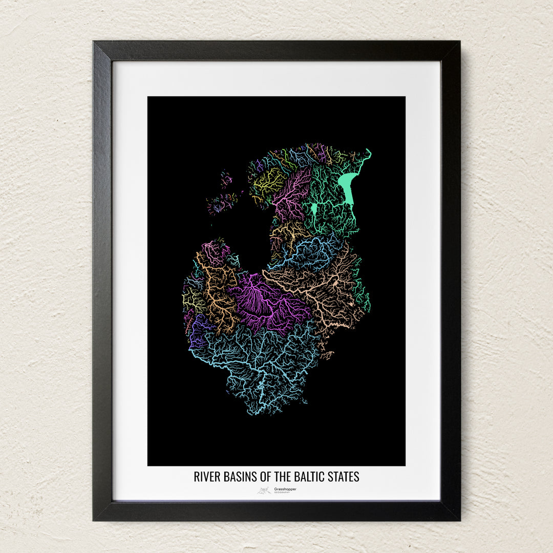 A colorful Grasshopper Geography river map on a light wall. The premium fine art poster is in a black frame with a white border. The name of the country, continent or region is printed under the image.