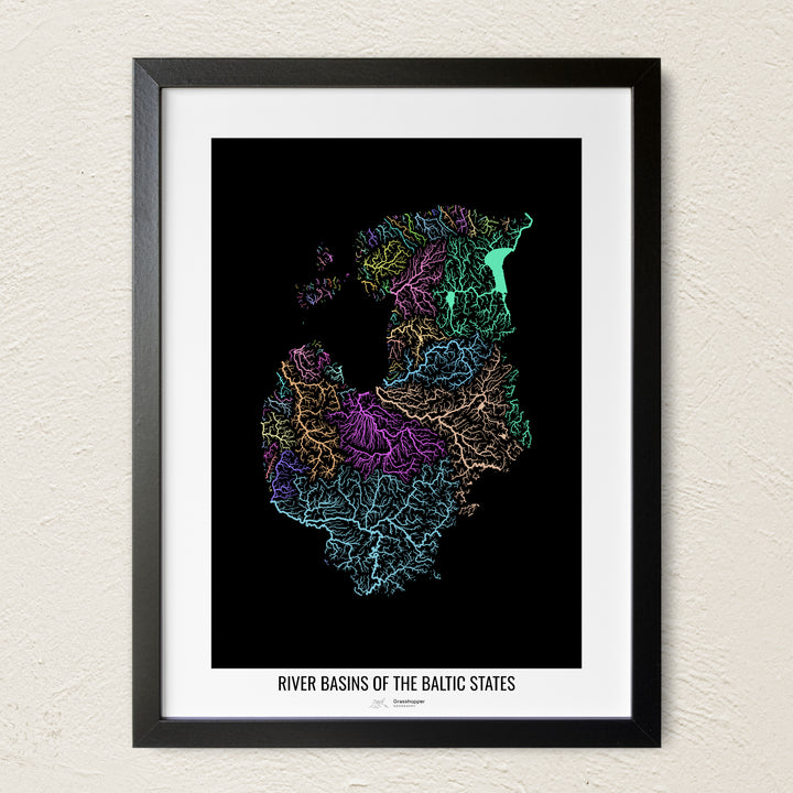A colorful Grasshopper Geography river map on a light wall. The premium fine art poster is in a black frame with a white border. The name of the country, continent or region is printed under the image.