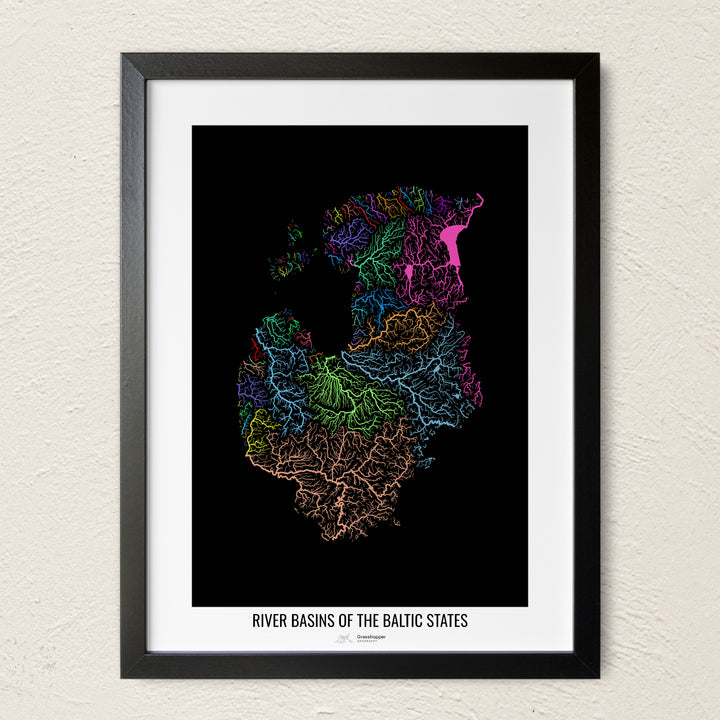 A colorful Grasshopper Geography river map on a light wall. The premium fine art poster is in a black frame with a white border. The name of the country, continent or region is printed under the image.