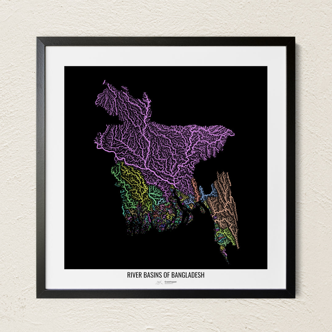 A colorful Grasshopper Geography river map on a light wall. The premium fine art poster is in a black frame with a white border. The name of the country, continent or region is printed under the image.