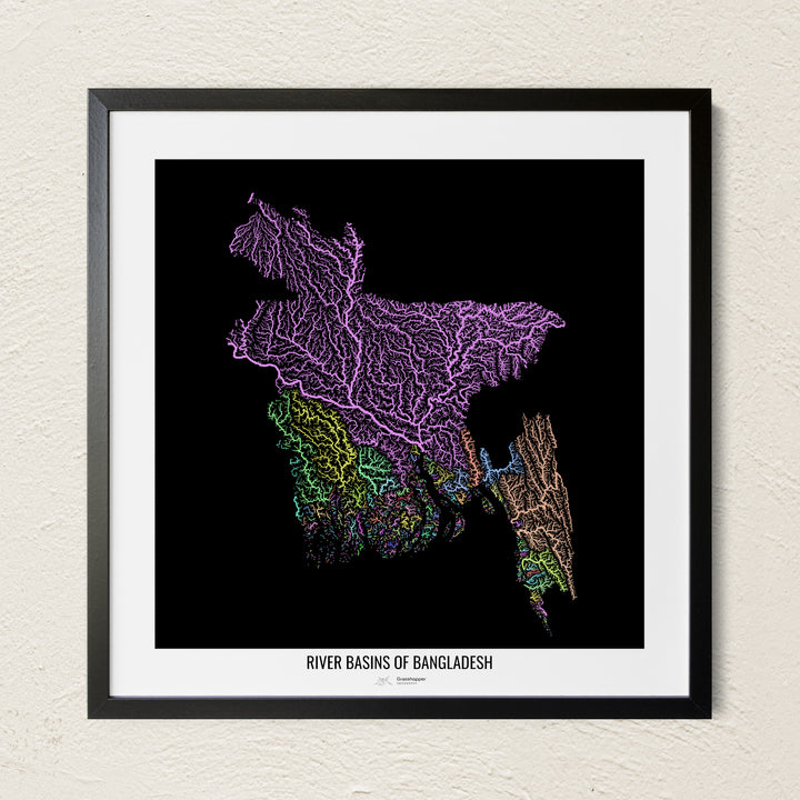 A colorful Grasshopper Geography river map on a light wall. The premium fine art poster is in a black frame with a white border. The name of the country, continent or region is printed under the image.