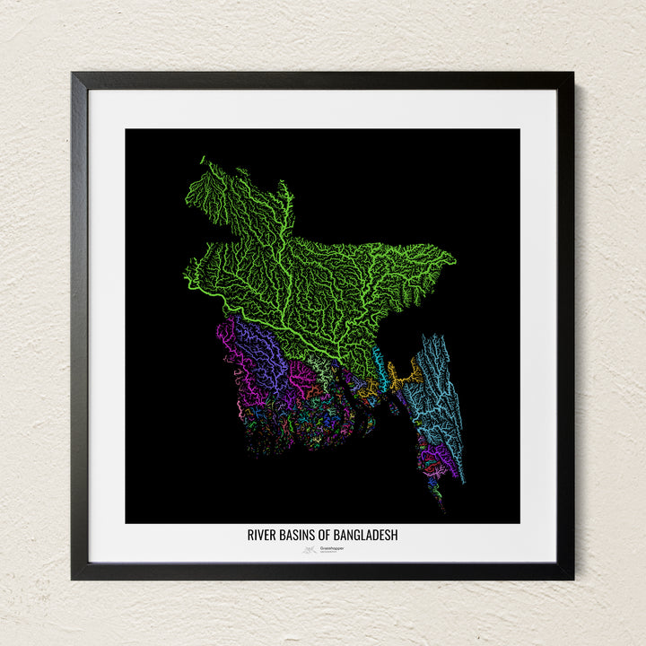 A colorful Grasshopper Geography river map on a light wall. The premium fine art poster is in a black frame with a white border. The name of the country, continent or region is printed under the image.