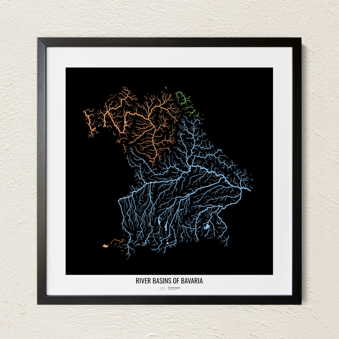 A colorful Grasshopper Geography river map on a light wall. The premium fine art poster is in a black frame with a white border. The name of the country, continent or region is printed under the image.