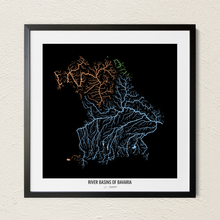 A colorful Grasshopper Geography river map on a light wall. The premium fine art poster is in a black frame with a white border. The name of the country, continent or region is printed under the image.