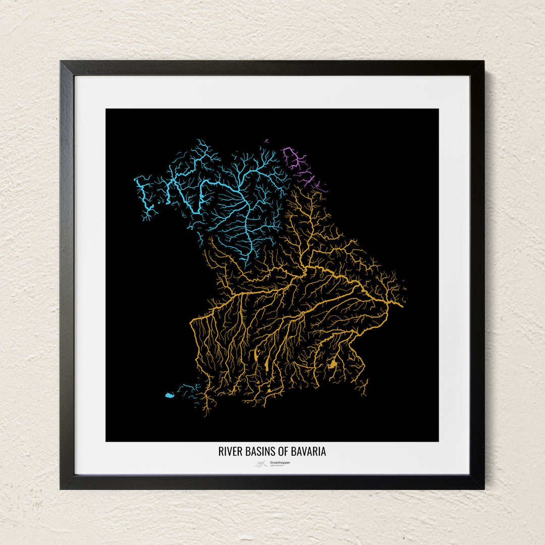 A colorful Grasshopper Geography river map on a light wall. The premium fine art poster is in a black frame with a white border. The name of the country, continent or region is printed under the image.