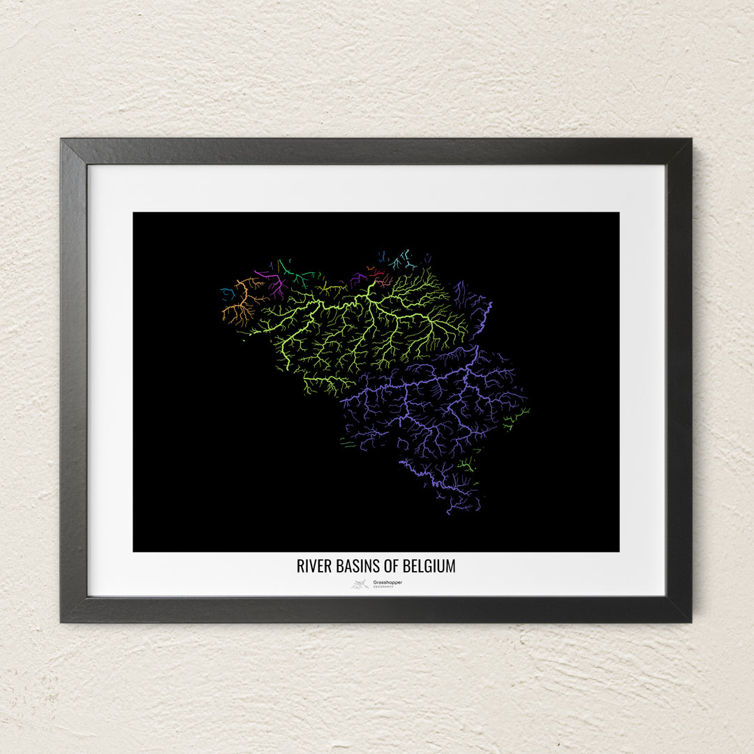 A colorful Grasshopper Geography river map on a light wall. The premium fine art poster is in a black frame with a white border. The name of the country, continent or region is printed under the image.